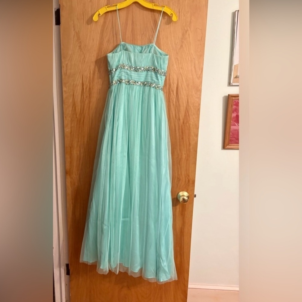 Morgan & Co Turquoise Green Strapless Formal Prom Dress Juniors Sz 1/2 Sequin - Picture 9 of 9